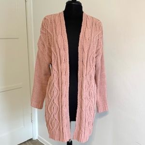 Soft Pink Openfront Long Cableknit Cardigan Sweater - S (fits like a Medium)